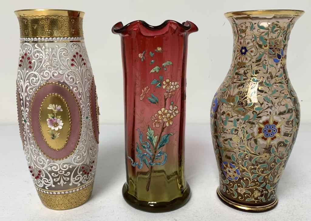lot of 3 Moser Style Victorian Vases/Glassware: petals seem to be intact, all in all light wear but some fading on gold near lip on one piece