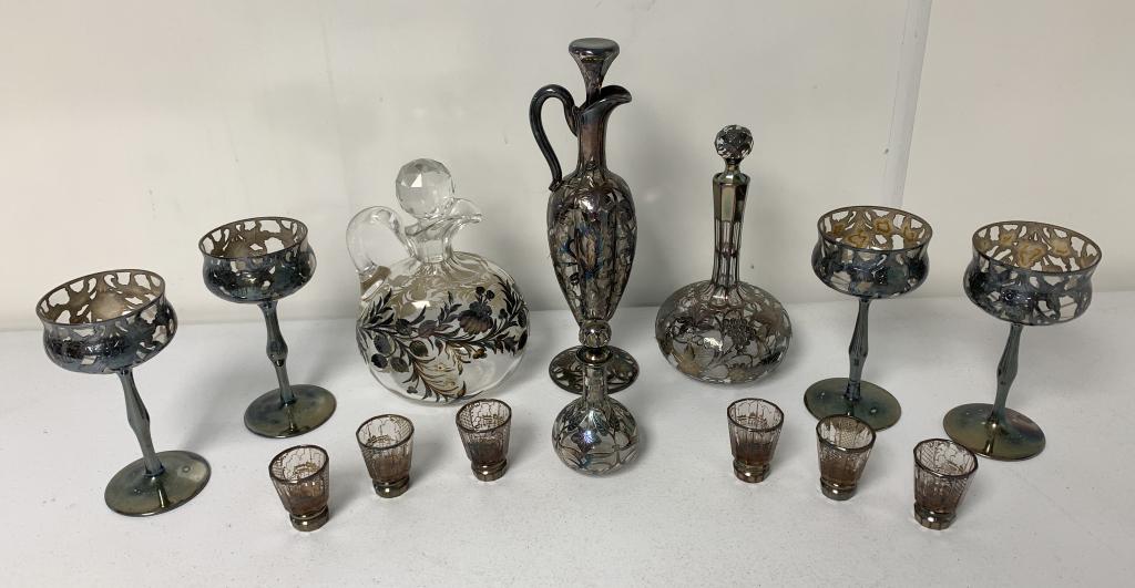 lot of 14 Moser Style Pieces with Silver Overlay: tallest cruet 11",decanters,goblets,6 wine glasses,some chips on stoppers,tarnished