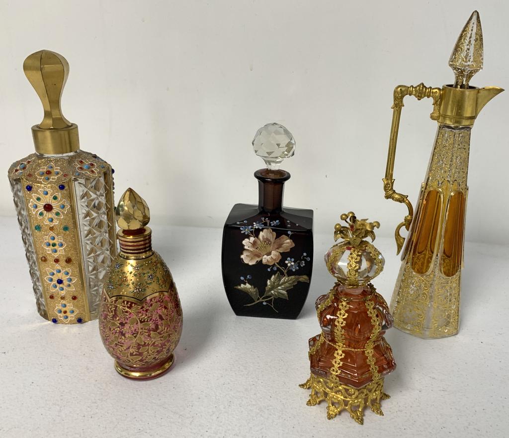 lot of 5 Moser Style Victorian Cruets/Stoppers: pink one has #12 on bottom,#2 on stopper,1 has chip,crack around top,tall thin yellow one has top broken out,stopper chipped