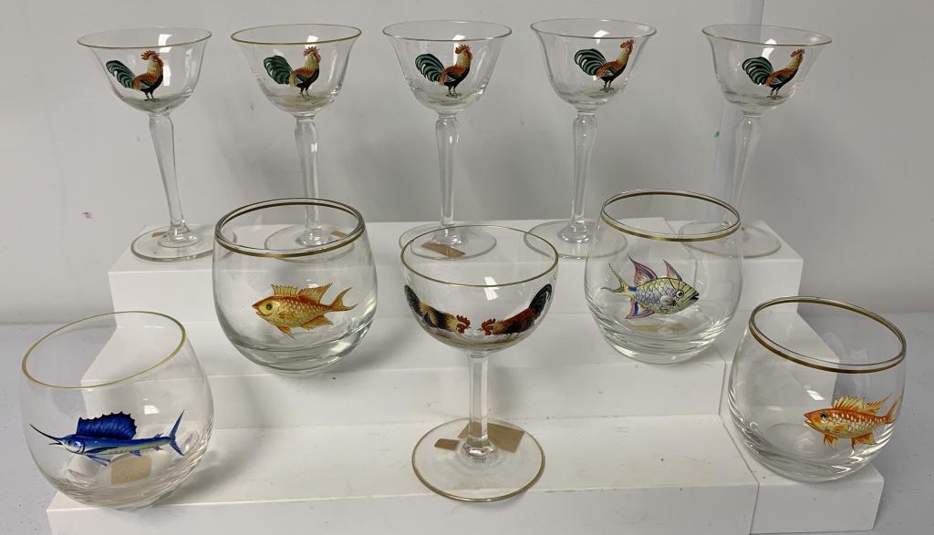 lot of 10 Moser Style Cocktail Goblets,Glasses: Blue fish glass marked Libby,gilding worn