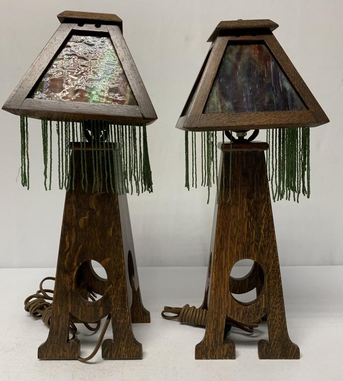 Mission Style Table Lamps with Stained Glass Shades (1 of 9)