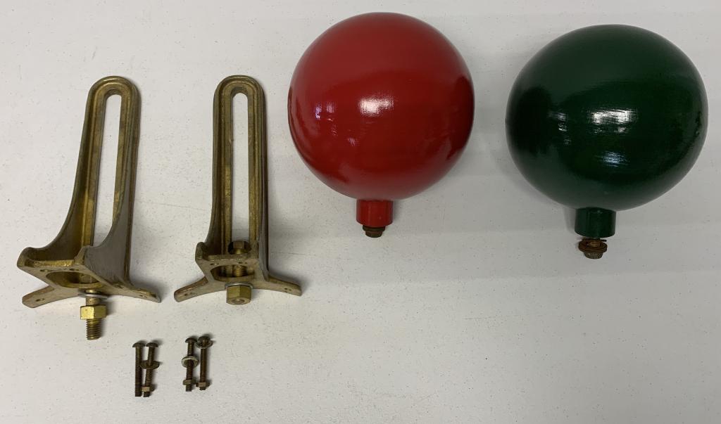 2 Iron Correcting Spheres for a Ship's Binnacle: brackets and spheres are iron, probably reconditioned, heavy