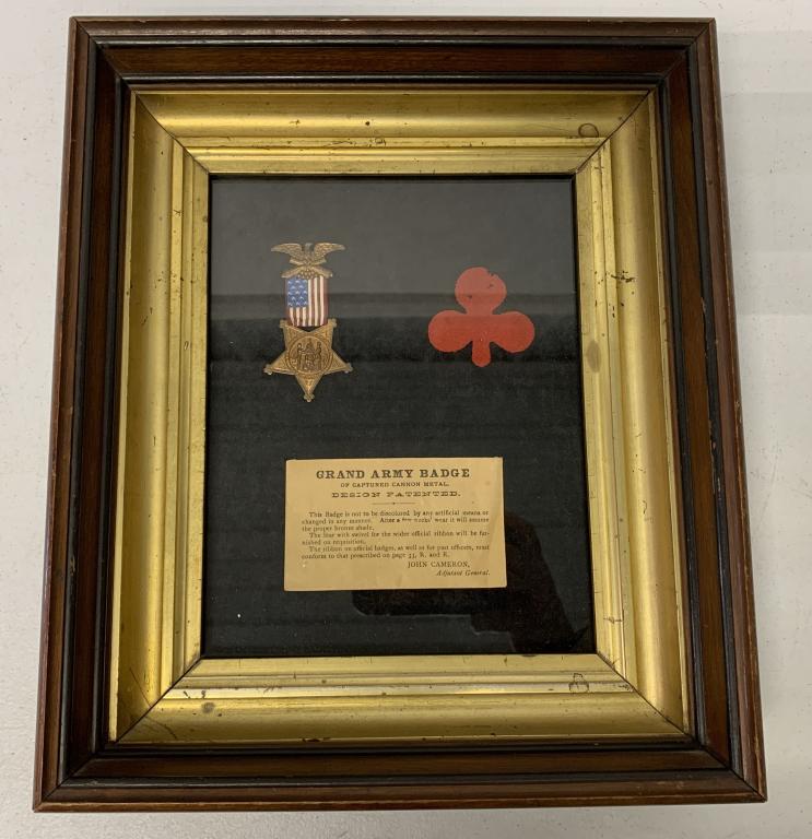 Framed Civil War Grand Army Badge: with attached note from John Cameron Adjutant General, frame has a little wear