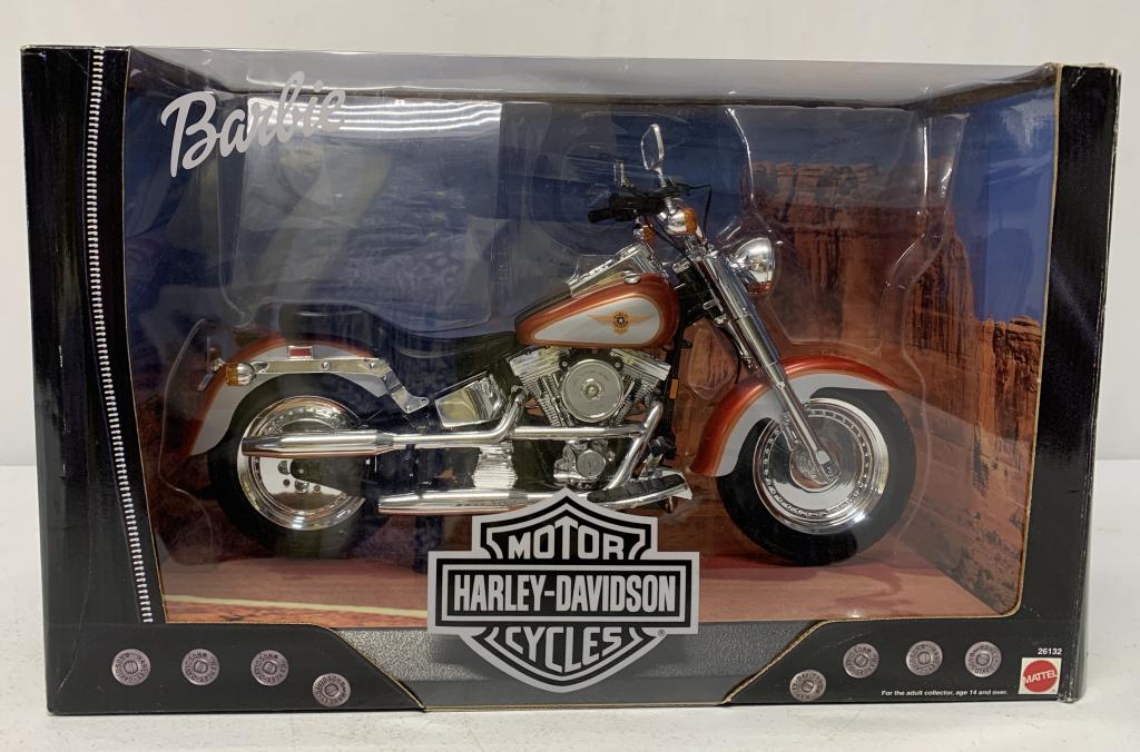 Barbie Harley Davidson Motorcycle: flap is torn open on the one side, 16 1/2" long X 10" tall X 7 3/4" deep