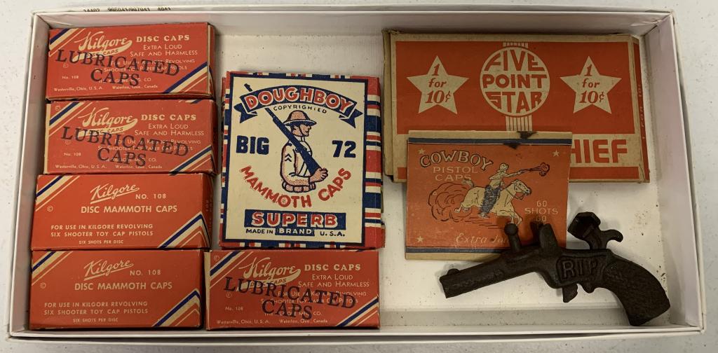 RIP Cap Gun w/ Caps & Boxes: Kilgore boxes have some caps, Five Point Star Handkerchief box is empty along with Doughboy & Cowboy Pistol boxes