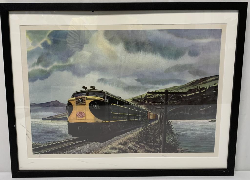 Framed Spokane Portland & Seattle Railway Print: cover and frame are plastic, chipped on left hand side of plastic frame cover, Howard Fogg Litho distributed the American Locomotive Company in the late 1940s.