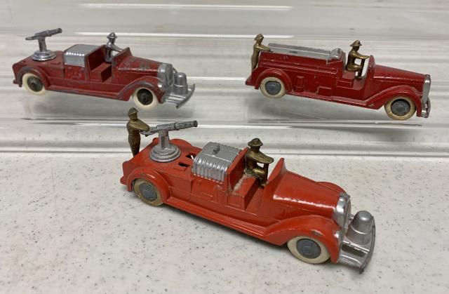 lot of 3 Tootsietoys Fire Trucks & other: one looks like it is missing some pieces and this one is unnamed, rubber wheels are cracked over age, paint wear on all