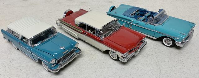 lot of 3 Danbury Mint Cars: 1955 Chevrolet Nomad, 1957 Mercury Turnpike Cruiser, 1958 Chevrolet Impala. All highly detailed and in very good condition, hood, trunk, dorrs open and clsoe, no boxes