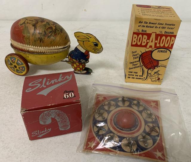 4 Vintage toys including tin Easter rabbit & cart (1 of 7)