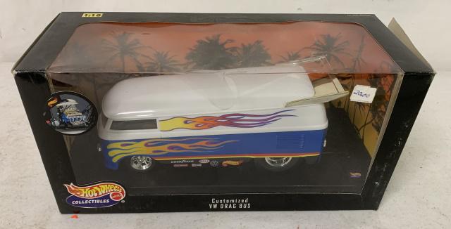 Hot Wheels Customized VW Drag Bus: mint in box, box showing heavy wear with torn end flap, 1:18 scale