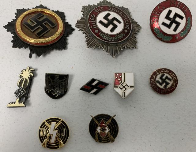 lot of 10 Nazi Pins: cannot authenticate, German Cross award, Sieg Heil badge, others, some with wear and age