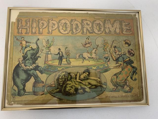Hippodrome Milton Bradley framed game box top: cover shows signs of age and damage as seen in photos