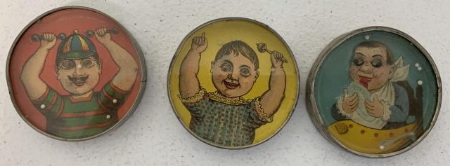 3 dexterity puzzle/pocket mirrors: all marked DRGM, two with significant mirror loss, weight lifter also has chip in mirror and metal rim