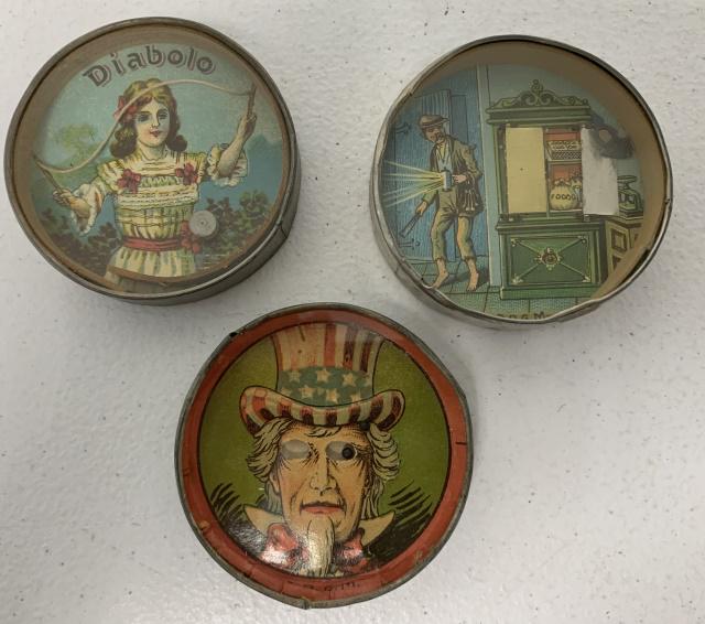 3 dexterity puzzle/pocket mirrors: all marked DRGM,one has significant mirror loss,pantry,Uncle Sam dented on edges,Diabolo cardboard loose inside