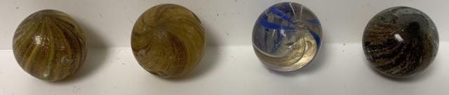 4 multi colored lutz marbles: 5/8",scratches,dents on all
