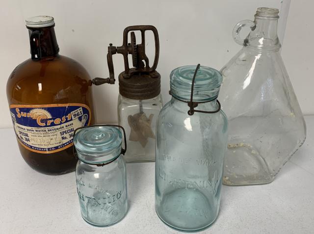 Putnam lightning canning jars, Dazey Churn, etc: Putnam 600 and Putnam 234 Lightning jars, Sun Crest 1 gallon jug, Dazey Churn, large 1 gallon clear bottle rests on its side
