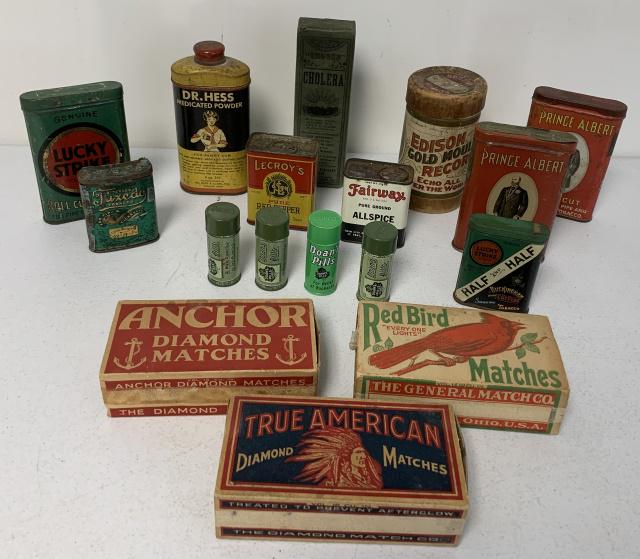 17 adv. Tins, match boxes,record cylinder can (1 of 19)