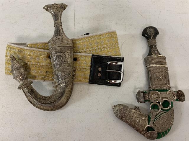 lot of 2 sets of Daggers w/ Sheathes: authenticity unknown, both have wear, one attached to some sort of cloth belt