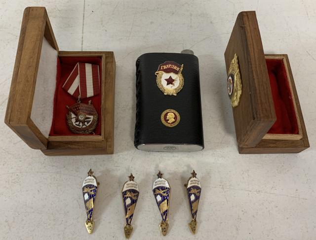 lot of 7 Russian Military Pins & Flask (1 of 7)