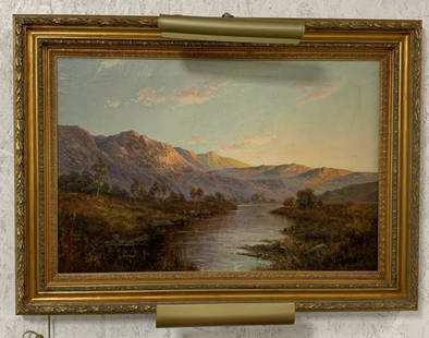 Graham Williams Landscape Painting: oil on canvas, some hole in canvas on bottom left hand corner, frame has light wear, comes with two lights that are untested, 33" X 44"