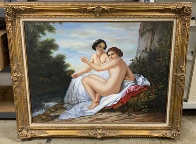J Harrison Nude Women w/ Beautiful Eyes Painting: oil on canvas, good condition, signed J Harrison on bottom right hand corner, 39" X 49"