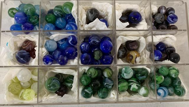 lot of 100+ Glass Contemporary Marbles: mostly blues and greens, largest ones are a little over 7/8" diameter, smallest ones are around 5/8" diameter