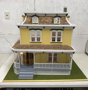 large lighted 3 story yellow doll house w/porch: nice condition but as with all homes needs some minor fixes, Entrance light hanging and doesn't work. Sits on wood base that measures 25" x 34.5" top of chimney reaches 31.5"