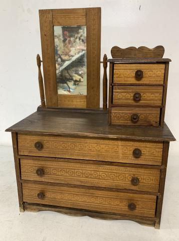 toy wooden dresser w/mirror: has water damage at corners and wood is split at places; mirror has some loss as shown