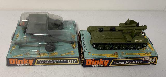 Dinky VW KDF & anti-tank gun and 155mm gun: #617 VW KDF and 50mm P.A.K. Anti-Tank Gun in pack, #654 155mm. Mobile Gun is missing plastic cover for package