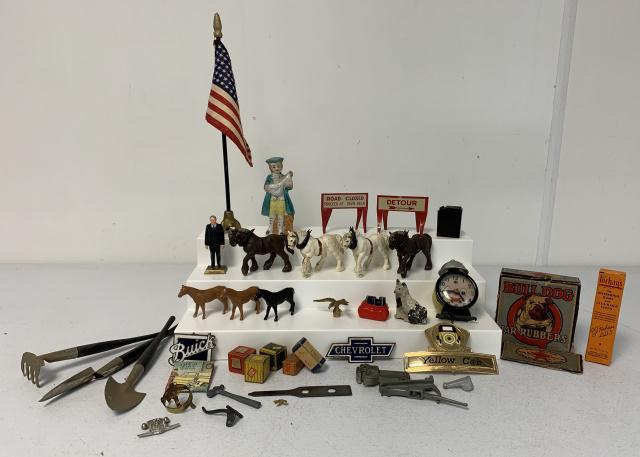 20+ Buick, Chevy Emblems, Plastic Animals, other: old cardboard advertising Bulldog Jar Rubbers, Forhans Teeth Cleaning, Chevrolet & Buick have a ceramic front feel, they have some weight for their size, plastic horses stamped Britains, tin construct