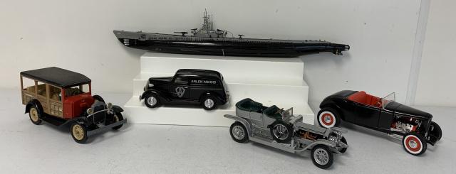 (5)Franklin Mint, Hubley, Ertl, Liberty Classics C: Hubley Woody missing the hood, Franklin Mint Rolls Royce windshield is not attached, sub is plastic and has some damage and missing a propellor
