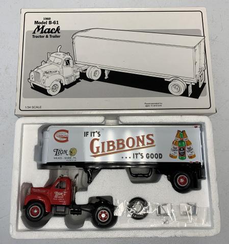 First Gear '60 Mack Gibbons Beer Truck/Trailer: Model B-61, 1/34 scale, looks like it was never out of the box