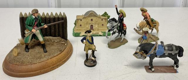tray lot of mostly metal miniatures: Frontiersman and two mounted riders are painted and signed by Will Leary, The Alamo is resin by SNCO, the lone horse is marked Imrie Risley miniatures, Custer is New Hope Design but guns are broken of