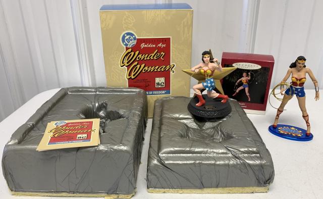 3 Wonder Woman figures: Hallmark Wonder Woman "Champion of Freedom" figure, hallmark ornament, Super Powers Wonder Woman(right arm was broken out of shoulder)