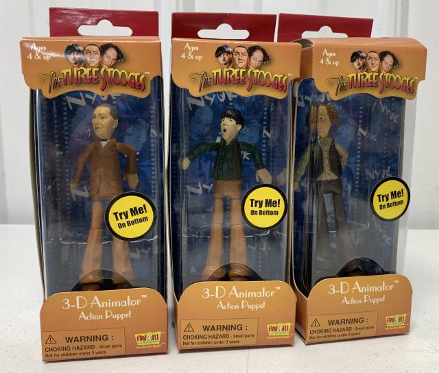 The Three Stooges 3-D Animator push puppets: Larry, Curly and Moe, all sealed in box except for Larry which has had the tape cut