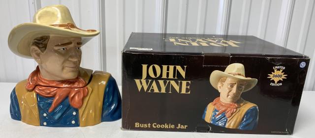 John Wayne limited edition cookie jar: has one chip on inside lid lip as shown, box has shelf wear