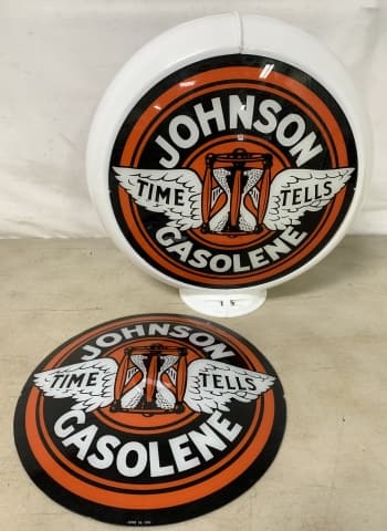 Reproduction Johnson Gasolene Pump Topper: frame is plastic, ads are glass