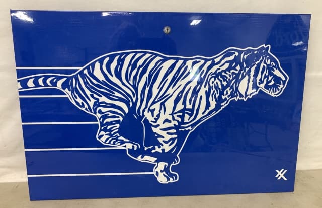 Exxon Tiger Gas Pump Access Door: light rub marks, has a lock but no keys, heavy metal, light scratch on blue background