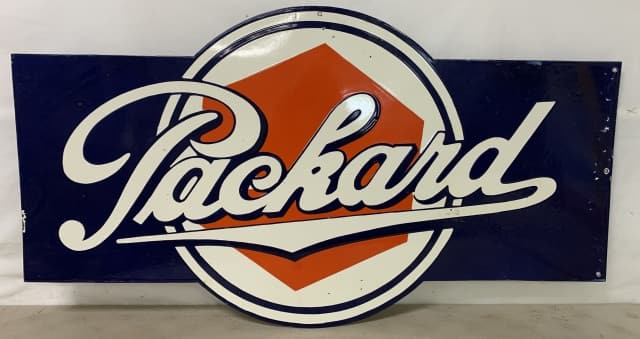 Dual Sided Packard Contemporary Sign: porcelain feel, chipped enamel here and there, 45" long X 25" tall