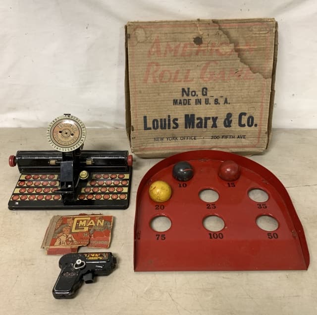 (3)Marx Roll Game, Typewriter, Gman Gun: gun and typewriter mechanisms untested, gun has scratches throughout, also comes with just a box lid, Roll game has use and wear, box has stains and damage, typewriter has wear