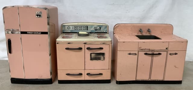 lot of 3 Tin Toy Appliances: all have a couple of dents, some chipped lithos, some rust, stove & sink marked Signature, refrigerator marked Tru-Cold