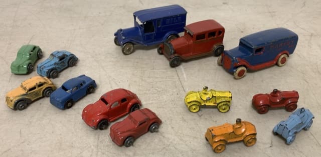 13 small cars including Tootsietoy and Barclay: scratches and paint loss as shown