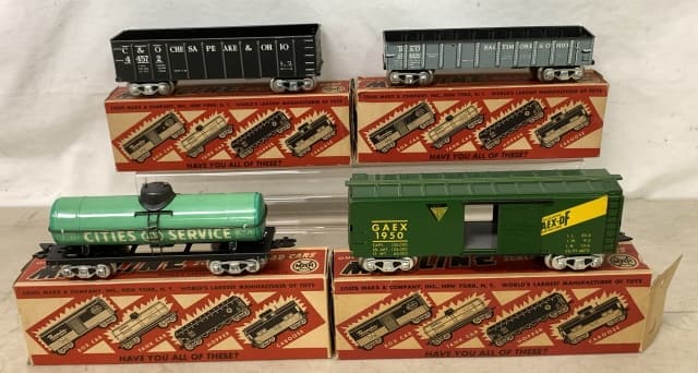 (4)Tin Marx Marline Train Cars & Original Boxes: lithos have very light wear, boxes have some end flap damage, a little over 1" width between the wheels
