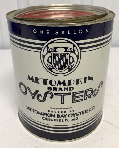 Metompkin One Gallon Oyster Can: dented along edge of lid and along top of can