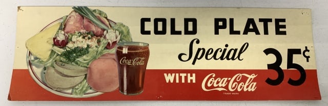 Cardboard Coca-Cola Cold Plate Restaurant Sign: single side, some pinholes on corners, some creases, some discoloring due to aging