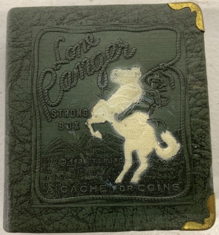 Zell Products Lone Ranger Strong Box Bank: metal, marked copyright 1938, has some wear, no key