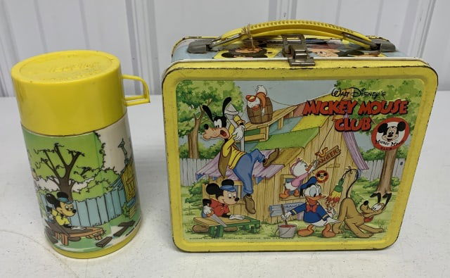 Mickey Mouse Club Lunch Box/Plastic Thermos: Aladdin,rust on edges,inside