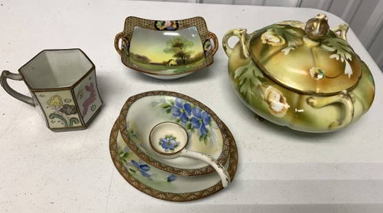 4 pieces of hand painted Nippon china: see photos, wear to gold paint on tureen