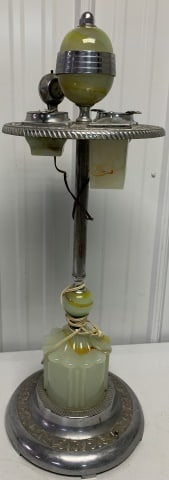 deco lighted smoker station: some ares of surface rust on ashtrays, and large chip off corner of covered glass as shown, untested