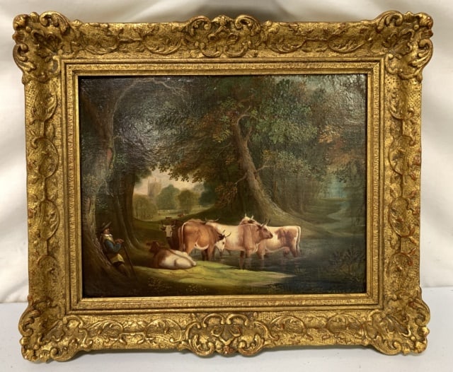 Cattle in a Stream by William Taylor: oil painting on canvas mounted on board, signed and date by the arttist lower right, comes with a non guaranteed COA from Global Fine Art, 14 1/2" X 17"